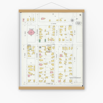 Old map wall art mockup — magnetic wood frame on white wall — Sanborn Fire Insurance Map from Adrian, Lenawee County, Michigan (1899), Sheet #0006