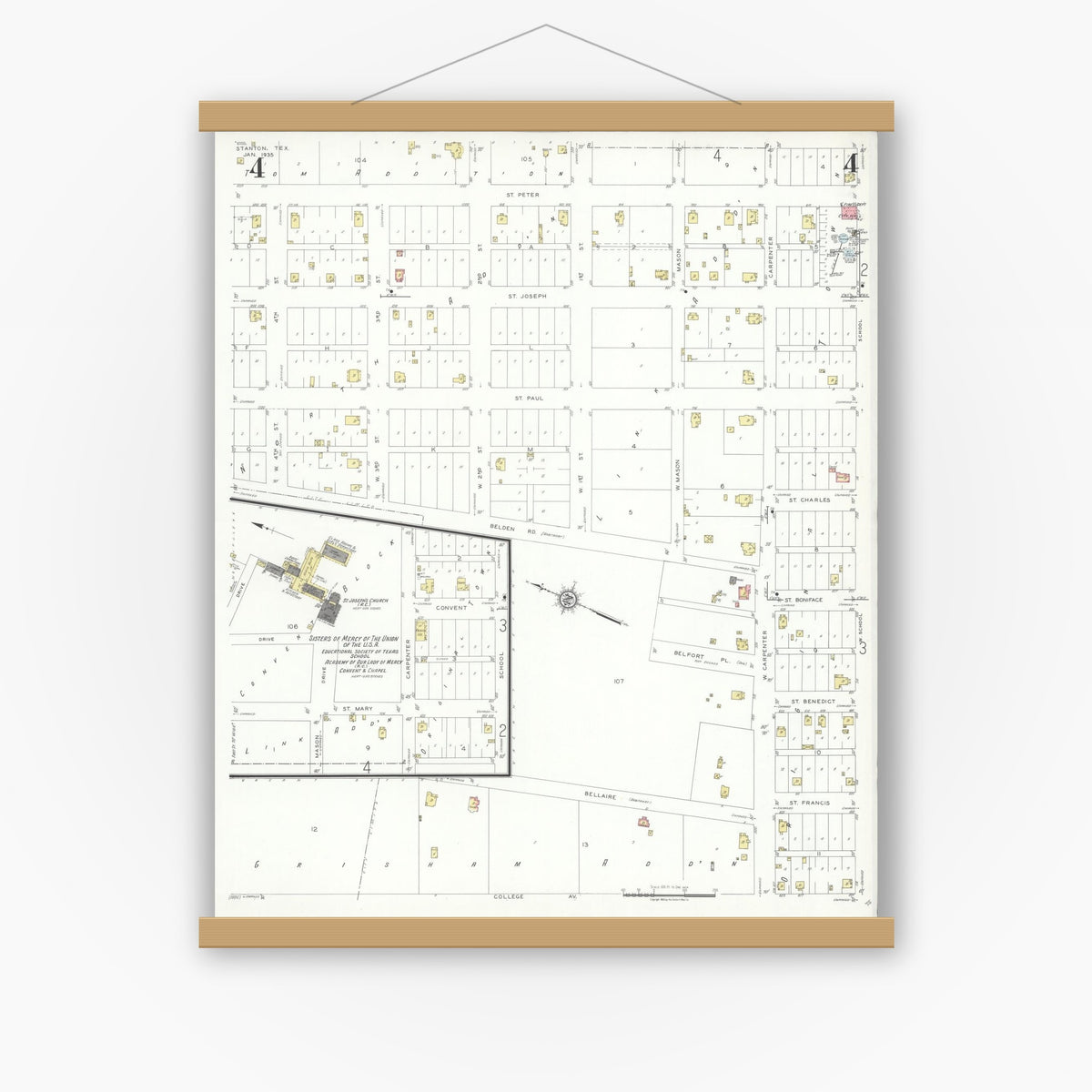 Old map wall art mockup — magnetic wood frame on white wall — Sanborn Fire Insurance Map from Stanton, Martin County, Texas (1935), Sheet #0004