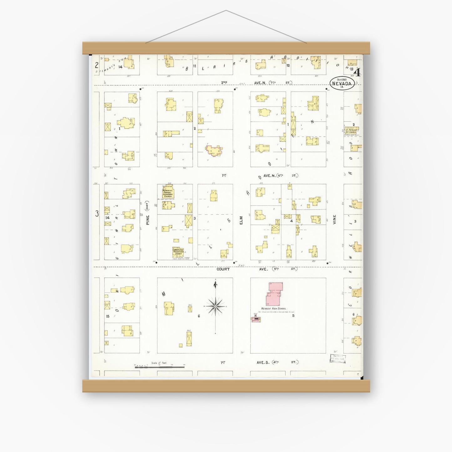 Old map wall art mockup — magnetic wood frame on white wall — Sanborn Fire Insurance Map from Nevada, Story County, Iowa (1901), Sheet #0004
