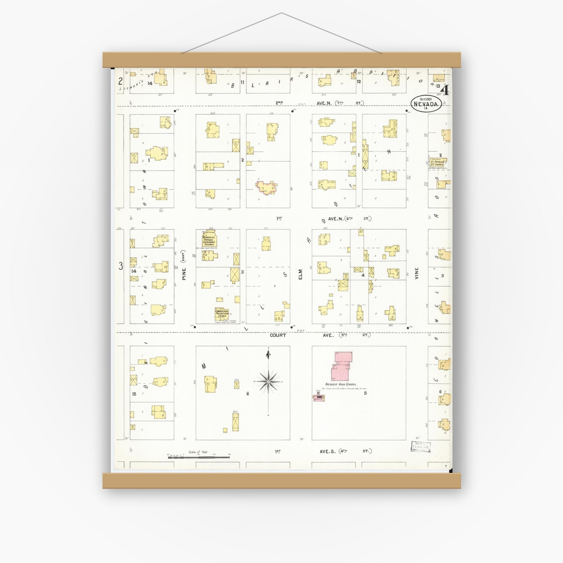 Old map wall art mockup — magnetic wood frame on white wall — Sanborn Fire Insurance Map from Nevada, Story County, Iowa (1901), Sheet #0004
