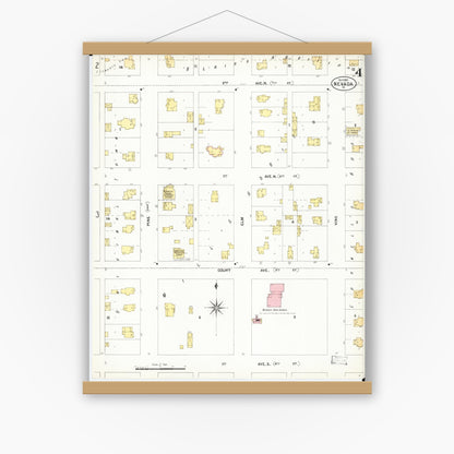 Old map wall art mockup — magnetic wood frame on white wall — Sanborn Fire Insurance Map from Nevada, Story County, Iowa (1901), Sheet #0004