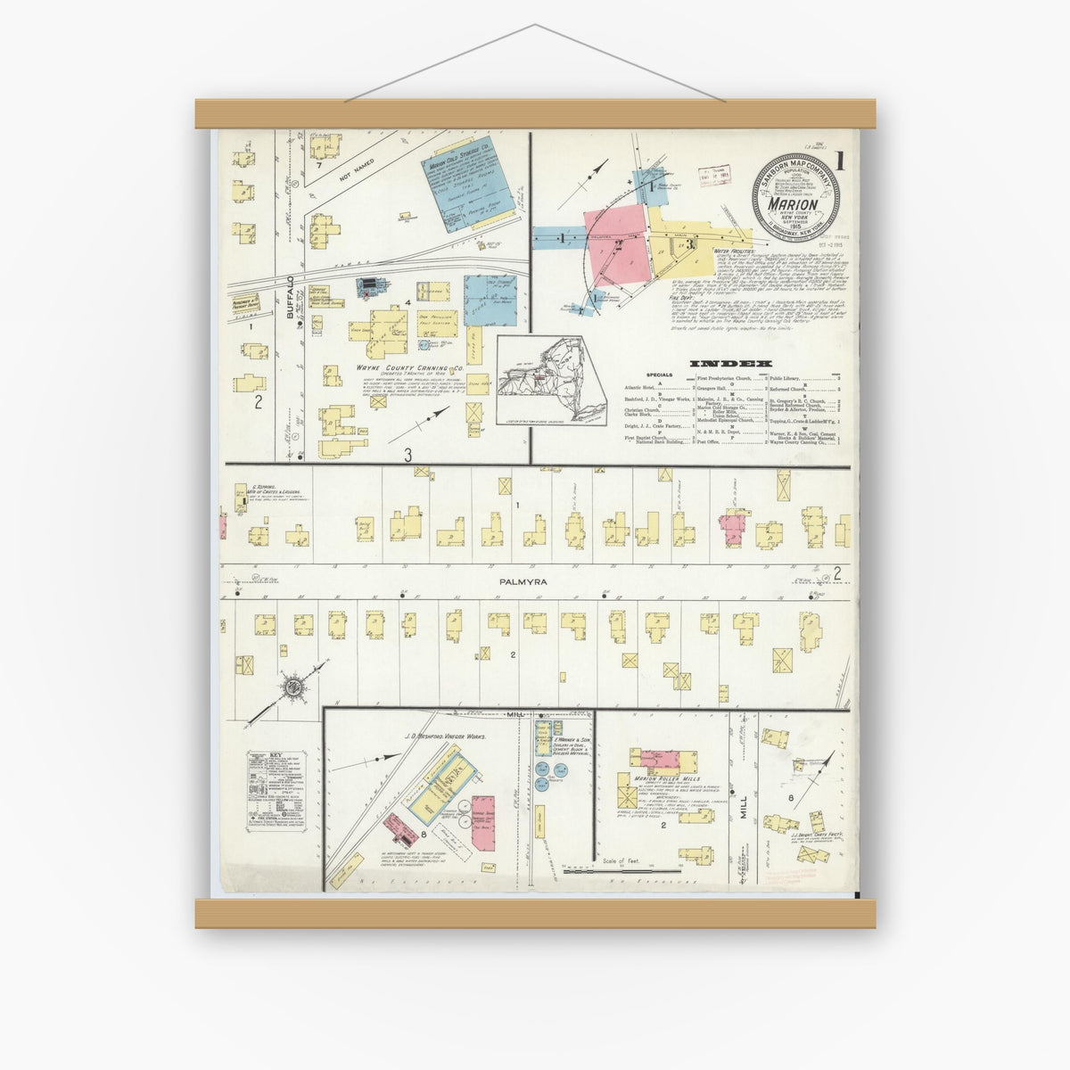 Old map wall art mockup — magnetic wood frame on white wall — Sanborn Fire Insurance Map from Marion, Wayne County, New York (1915), Sheet #0001