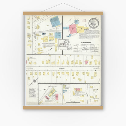 Old map wall art mockup — magnetic wood frame on white wall — Sanborn Fire Insurance Map from Marion, Wayne County, New York (1915), Sheet #0001