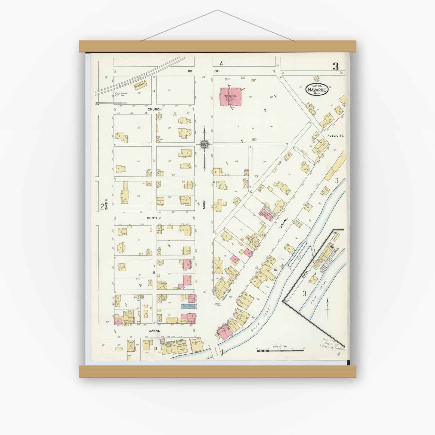 Old map wall art mockup — magnetic wood frame on white wall — Sanborn Fire Insurance Map from Navarre, Stark County, Ohio (1911), Sheet #0003