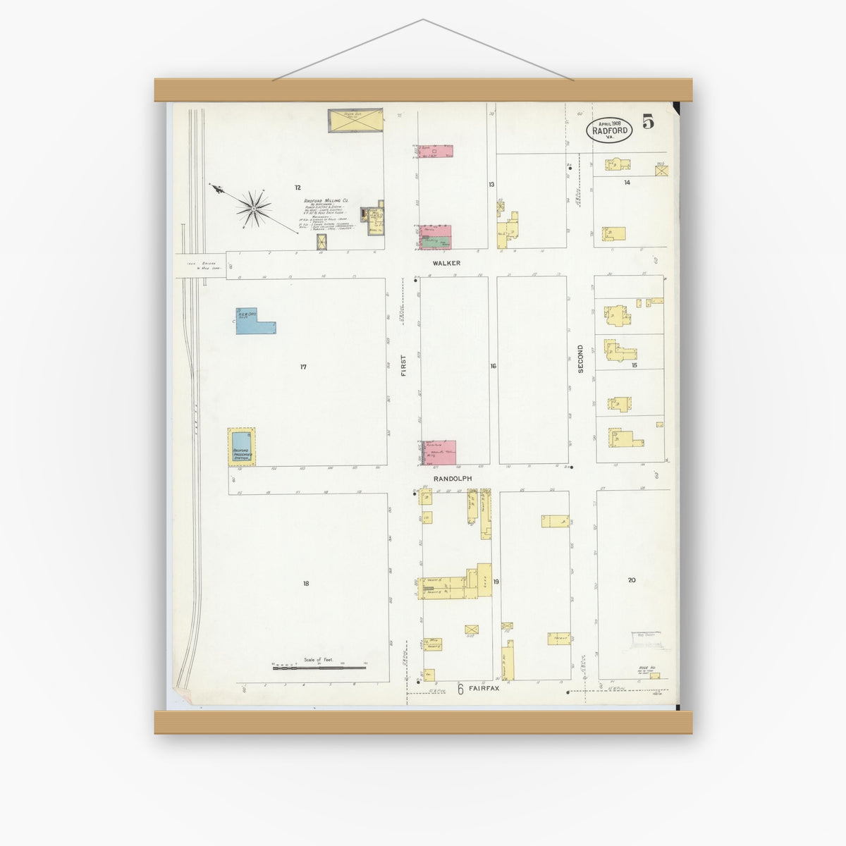 Old map wall art mockup — magnetic wood frame on white wall — Sanborn Fire Insurance Map from Radford, Independent Cities, Virginia (1908), Sheet #0005