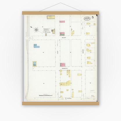 Old map wall art mockup — magnetic wood frame on white wall — Sanborn Fire Insurance Map from Radford, Independent Cities, Virginia (1908), Sheet #0005