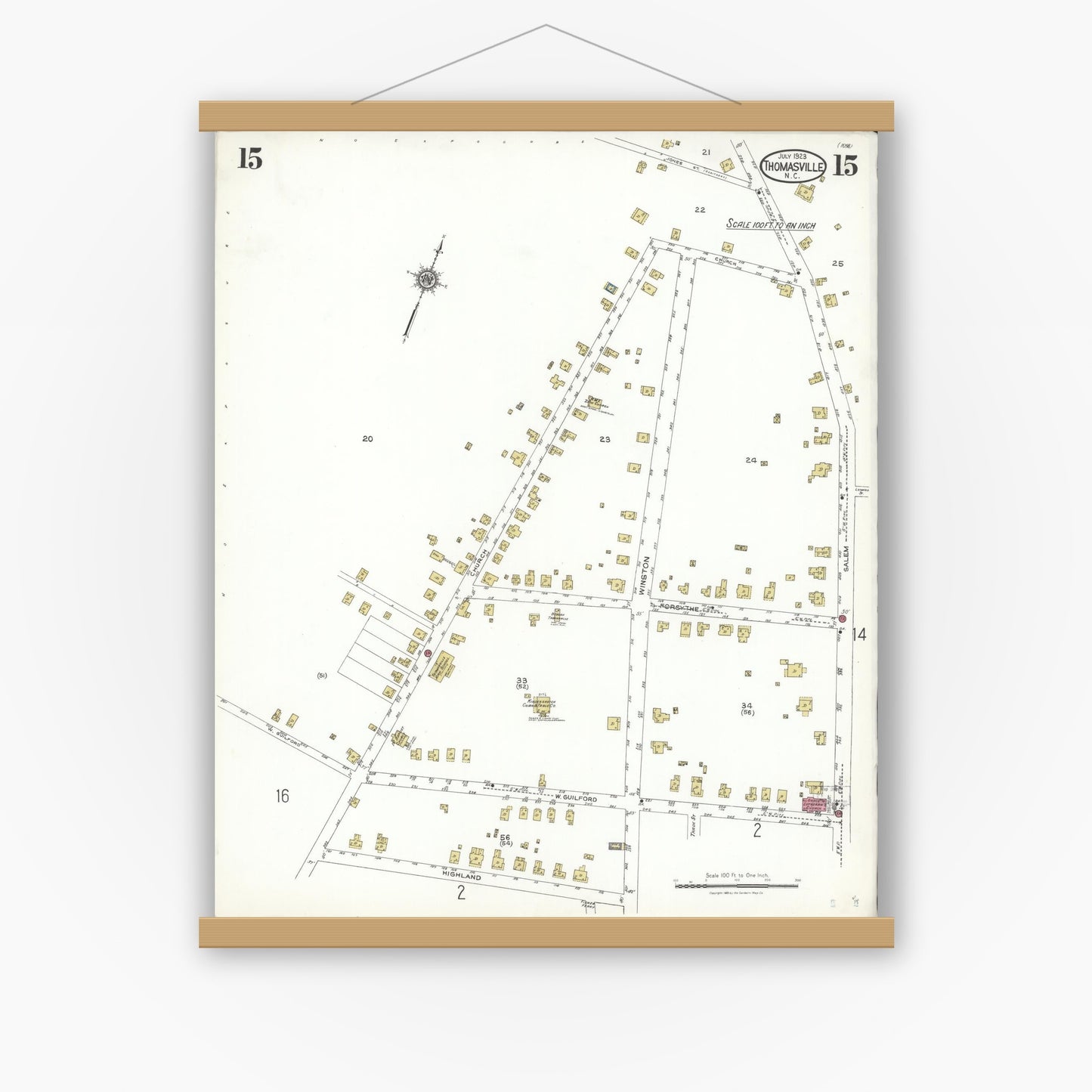 Old map wall art mockup — magnetic wood frame on white wall — Sanborn Fire Insurance Map from Thomasville, Davidson County, North Carolina (1923), Sheet #0015