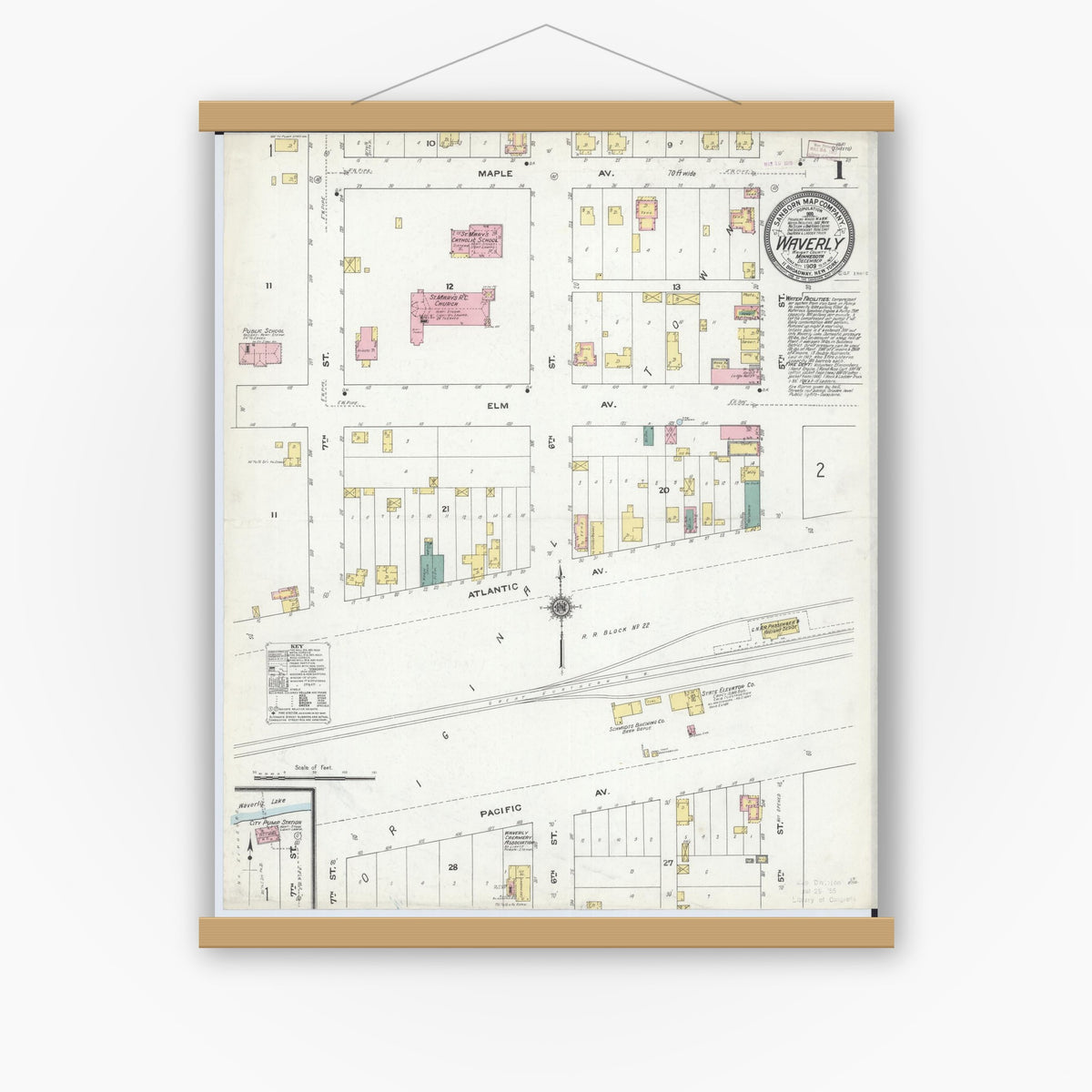 Old map wall art mockup — magnetic wood frame on white wall — Sanborn Fire Insurance Map from Waverly, Wright County, Minnesota (1909), Sheet #0001