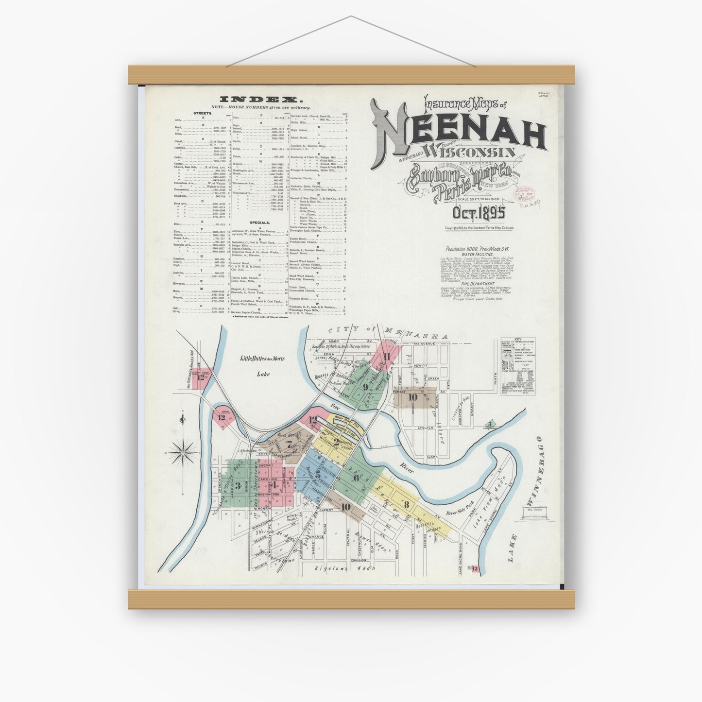 Old map wall art mockup — magnetic wood frame on white wall — Sanborn Fire Insurance Map from Neenah, Winnebago County, Wisconsin (1895) - Complete Map Set