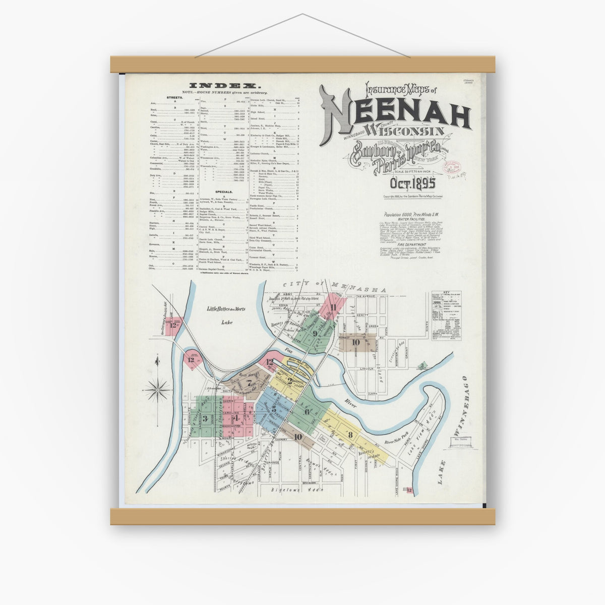 Old map wall art mockup — magnetic wood frame on white wall — Sanborn Fire Insurance Map from Neenah, Winnebago County, Wisconsin (1895) - Complete Map Set