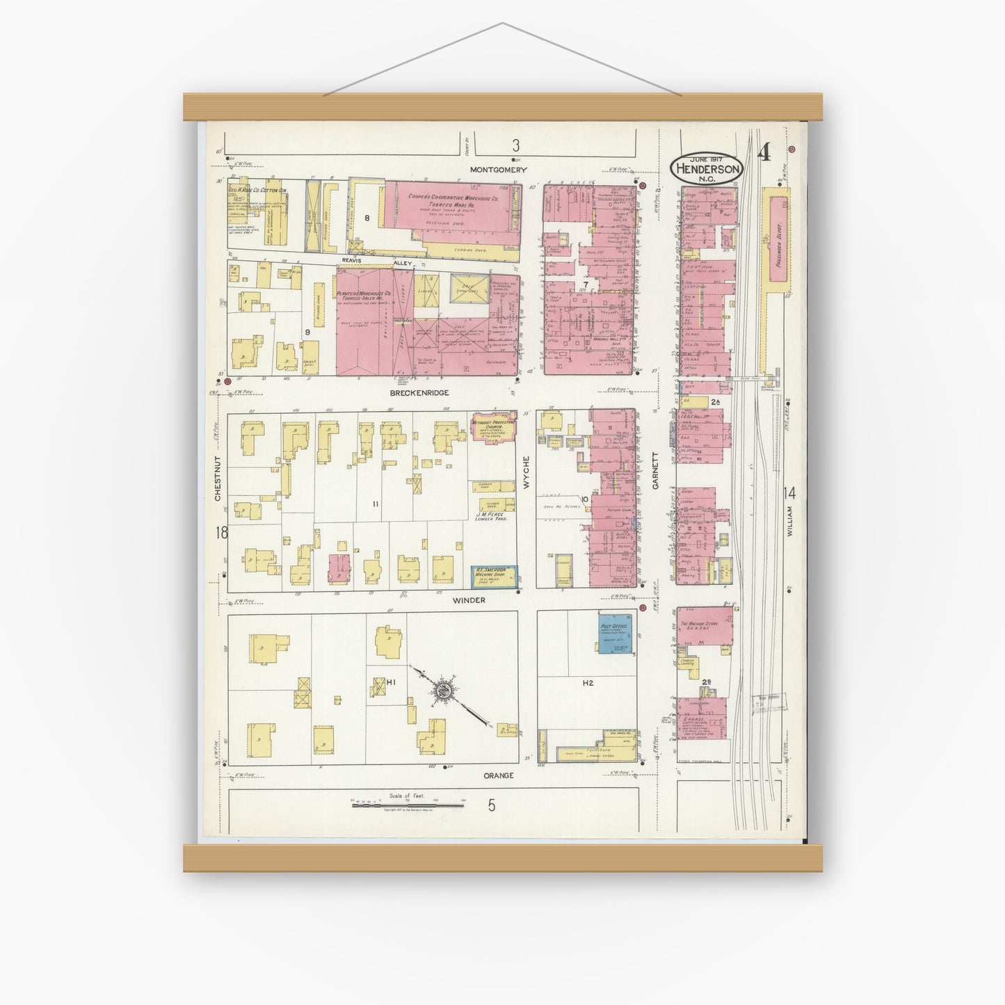 Old map wall art mockup — magnetic wood frame on white wall — Sanborn Fire Insurance Map from Henderson, Vance County, North Carolina (1917), Sheet #0004