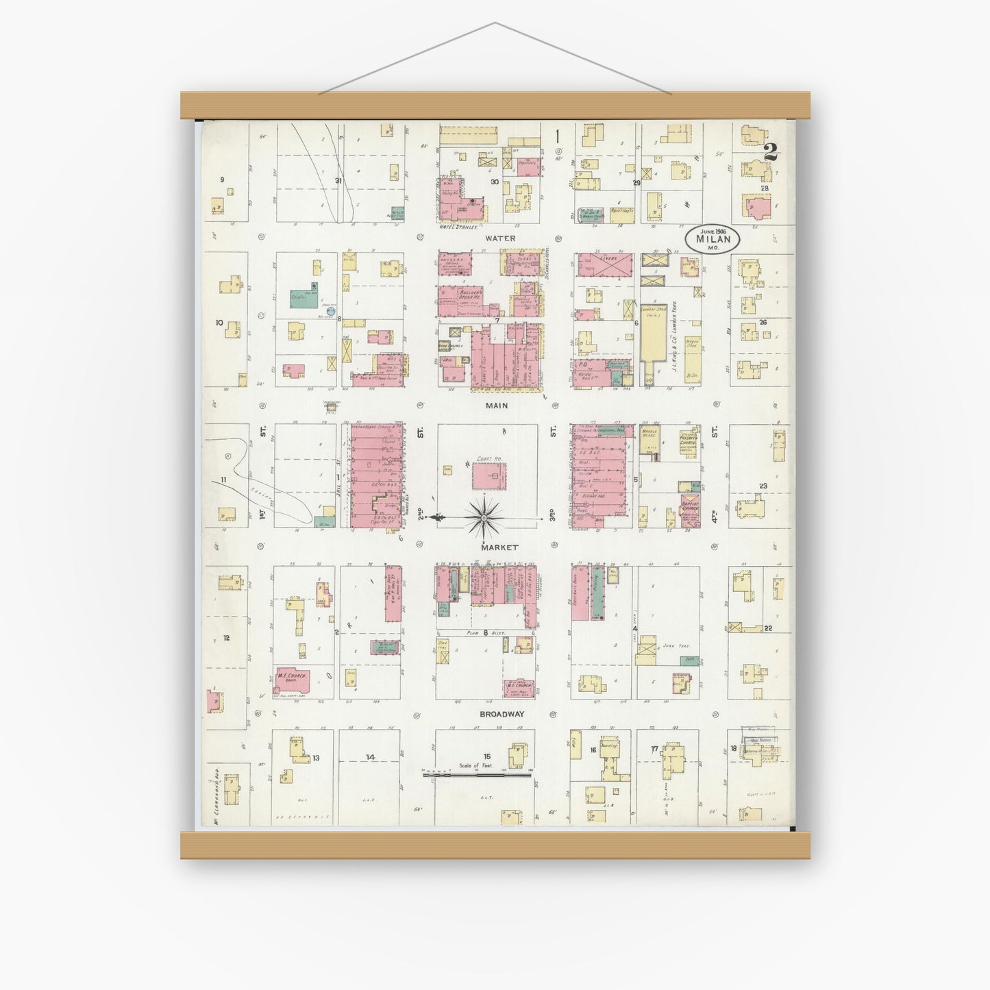 Old map wall art mockup — magnetic wood frame on white wall — Sanborn Fire Insurance Map from Milan, Sullivan County, Missouri (1906), Sheet #0002