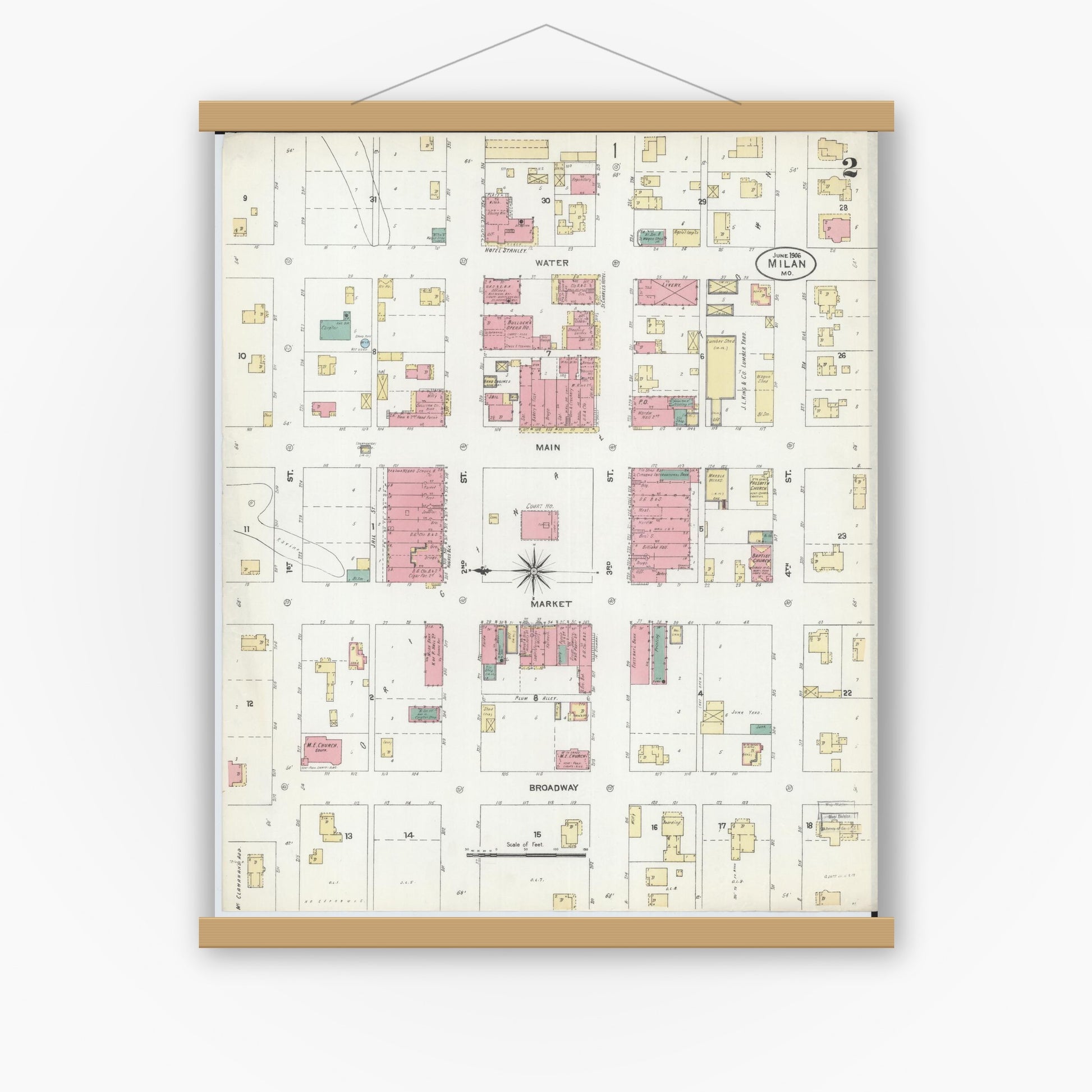 Old map wall art mockup — magnetic wood frame on white wall — Sanborn Fire Insurance Map from Milan, Sullivan County, Missouri (1906), Sheet #0002