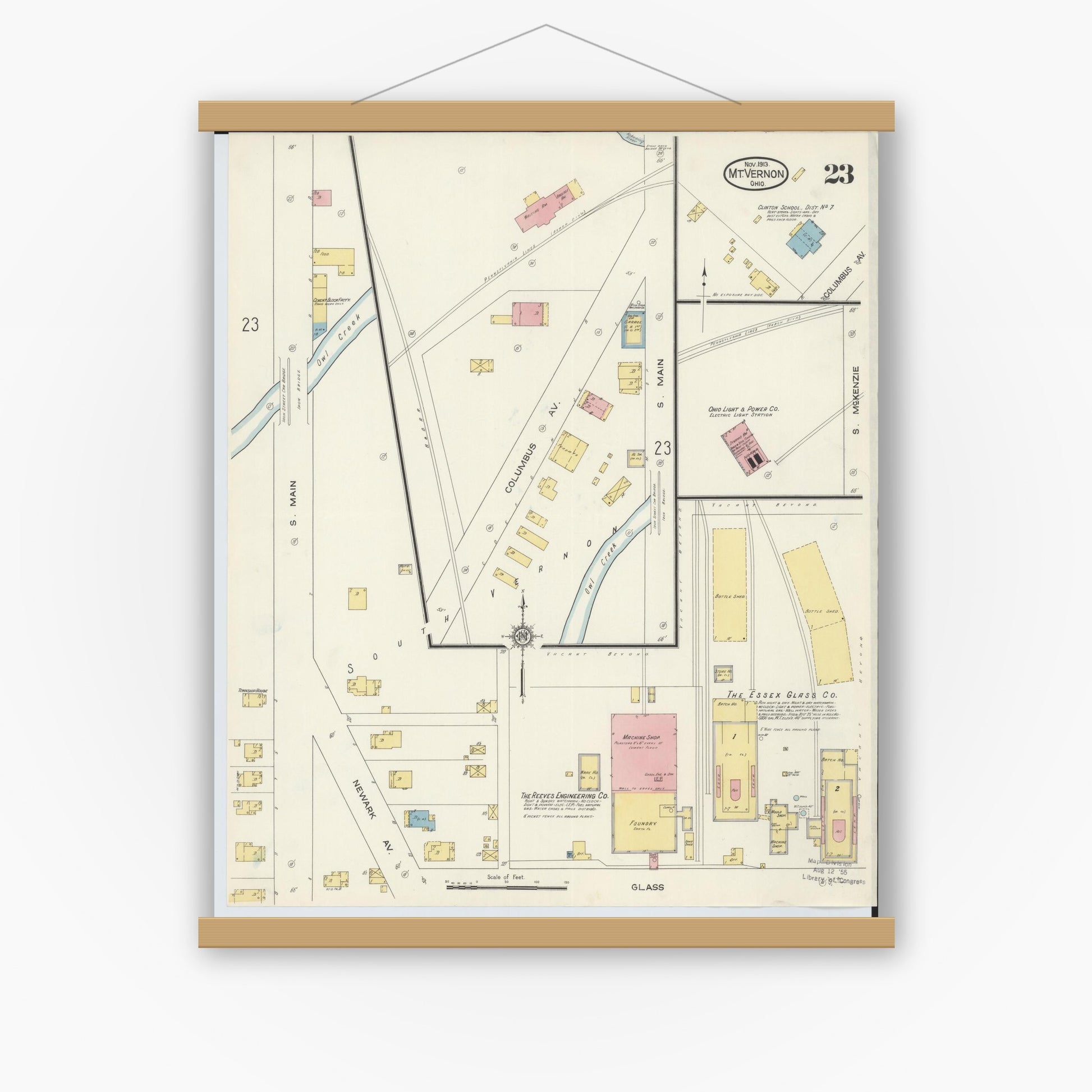 Old map wall art mockup — magnetic wood frame on white wall — Sanborn Fire Insurance Map from Mount Vernon, Knox County, Ohio (1913), Sheet #0023