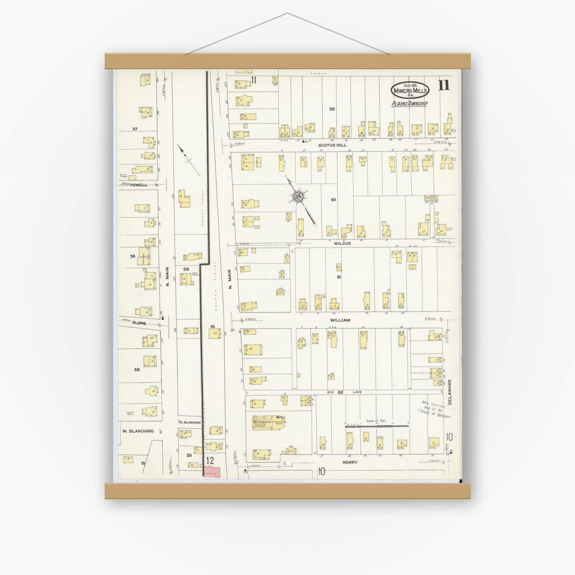 Old map wall art mockup — magnetic wood frame on white wall — Sanborn Fire Insurance Map from Miners Mills, Luzerne County, Pennsylvania (1911), Sheet #0011