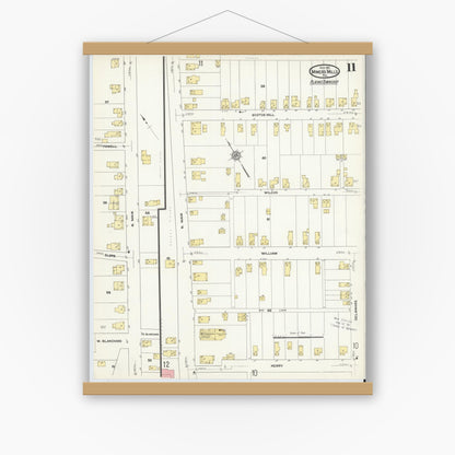 Old map wall art mockup — magnetic wood frame on white wall — Sanborn Fire Insurance Map from Miners Mills, Luzerne County, Pennsylvania (1911), Sheet #0011