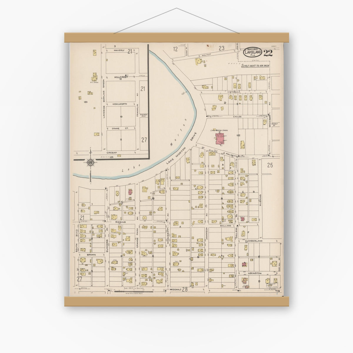 Old map wall art mockup — magnetic wood frame on white wall — Sanborn Fire Insurance Map from Lakeland, Polk County, Florida (1922), Sheet #0022