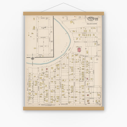 Old map wall art mockup — magnetic wood frame on white wall — Sanborn Fire Insurance Map from Lakeland, Polk County, Florida (1922), Sheet #0022