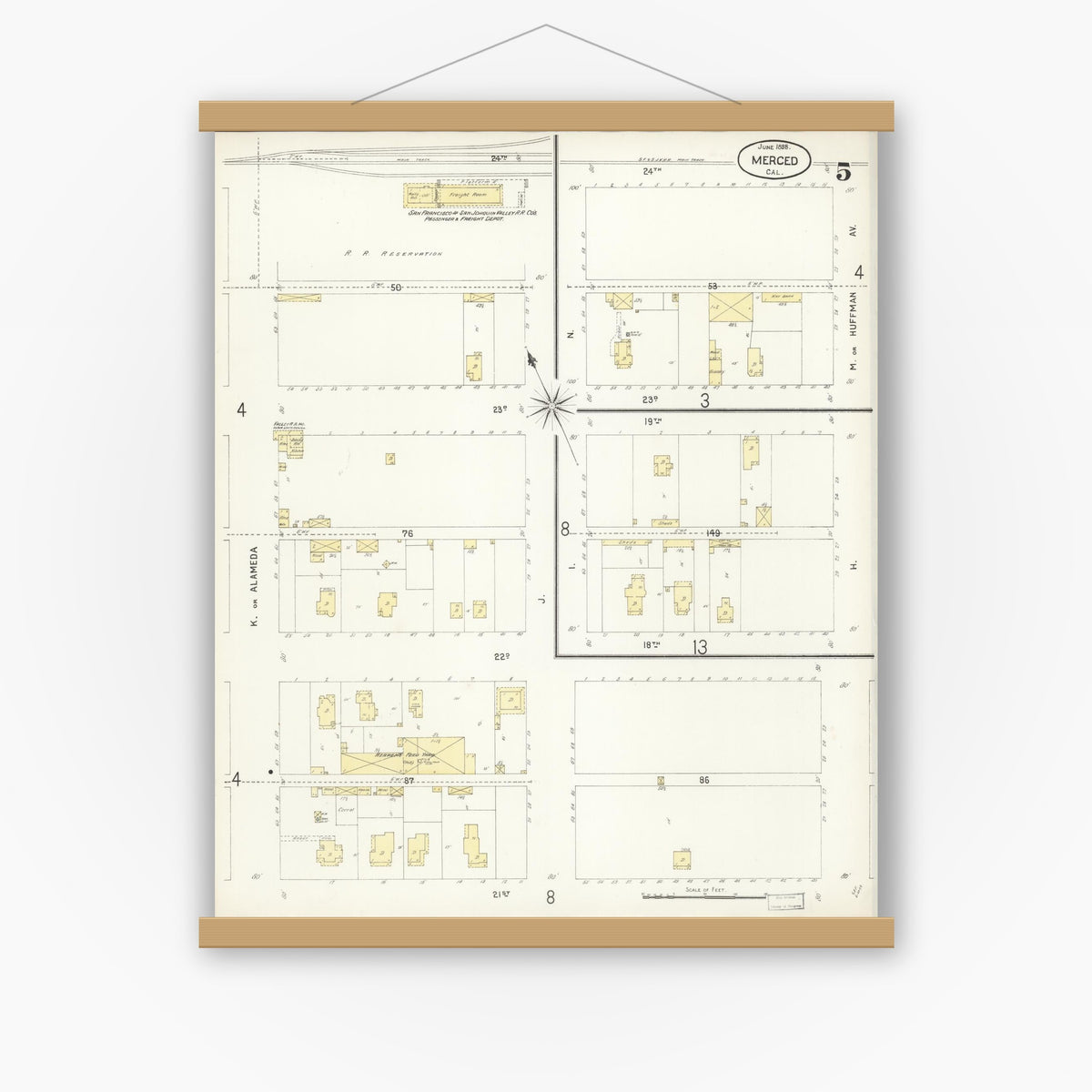 Old map wall art mockup — magnetic wood frame on white wall — Sanborn Fire Insurance Map from Merced, Merced County, California (1898), Sheet #0005