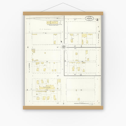 Old map wall art mockup — magnetic wood frame on white wall — Sanborn Fire Insurance Map from Merced, Merced County, California (1898), Sheet #0005