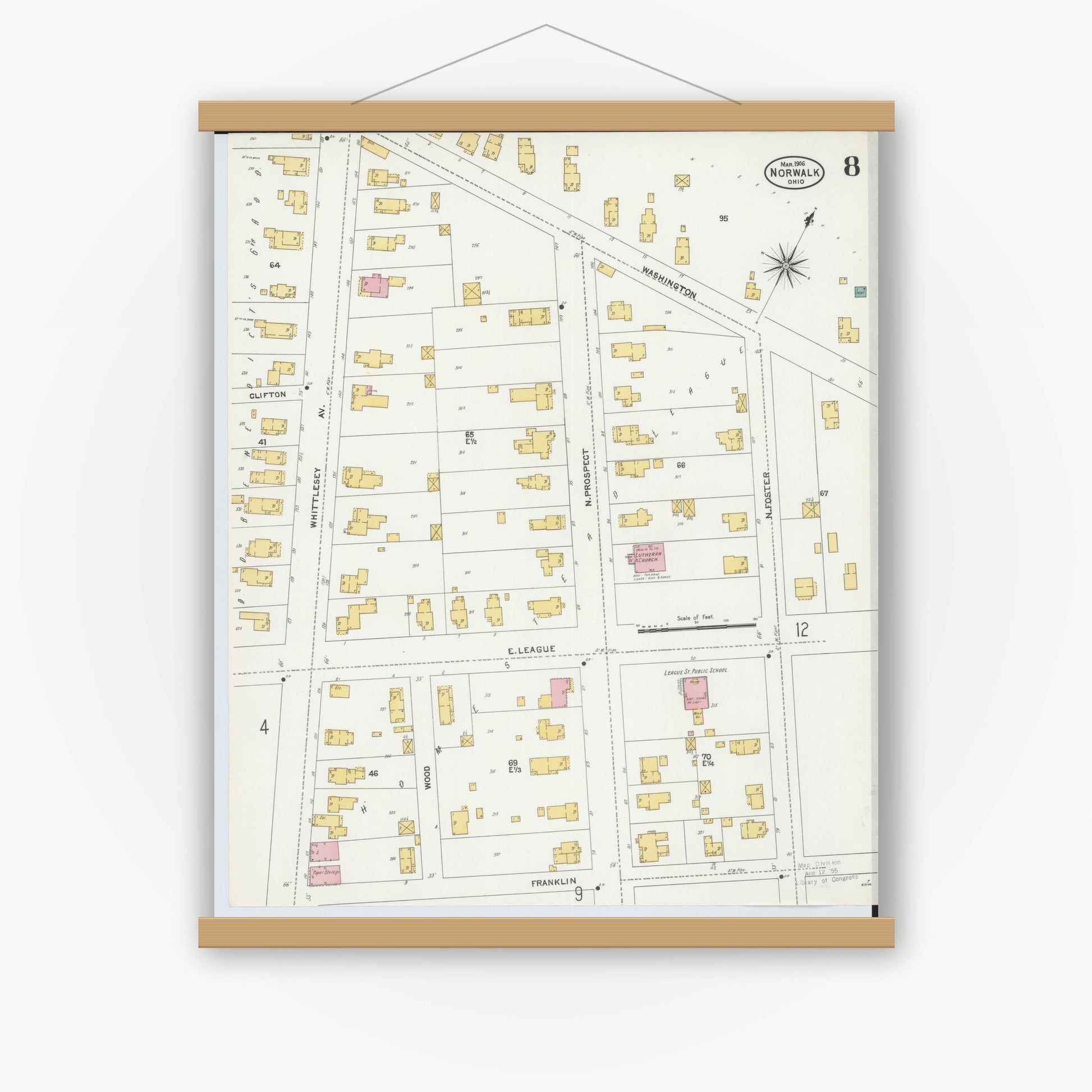 Old map wall art mockup — magnetic wood frame on white wall — Sanborn Fire Insurance Map from Norwalk, Huron County, Ohio (1906), Sheet #0008