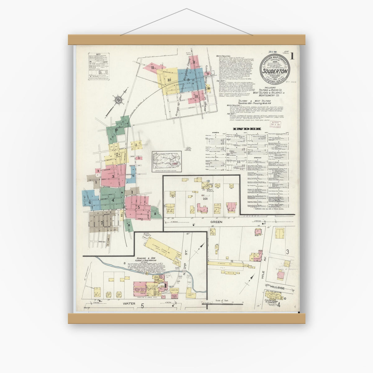 Old map wall art mockup — magnetic wood frame on white wall — Sanborn Fire Insurance Map from Souderton, Montgomery County, Pennsylvania (1914) - Complete Map Set