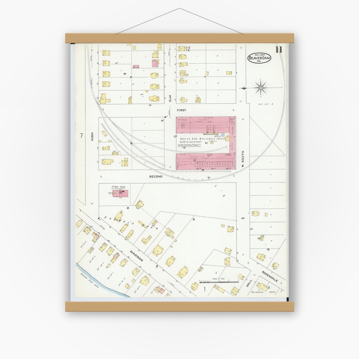 Old map wall art mockup — magnetic wood frame on white wall — Sanborn Fire Insurance Map from Beaver Dam, Dodge County, Wisconsin (1909), Sheet #0011