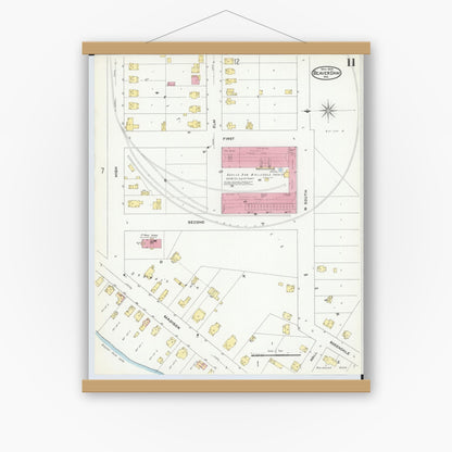 Old map wall art mockup — magnetic wood frame on white wall — Sanborn Fire Insurance Map from Beaver Dam, Dodge County, Wisconsin (1909), Sheet #0011