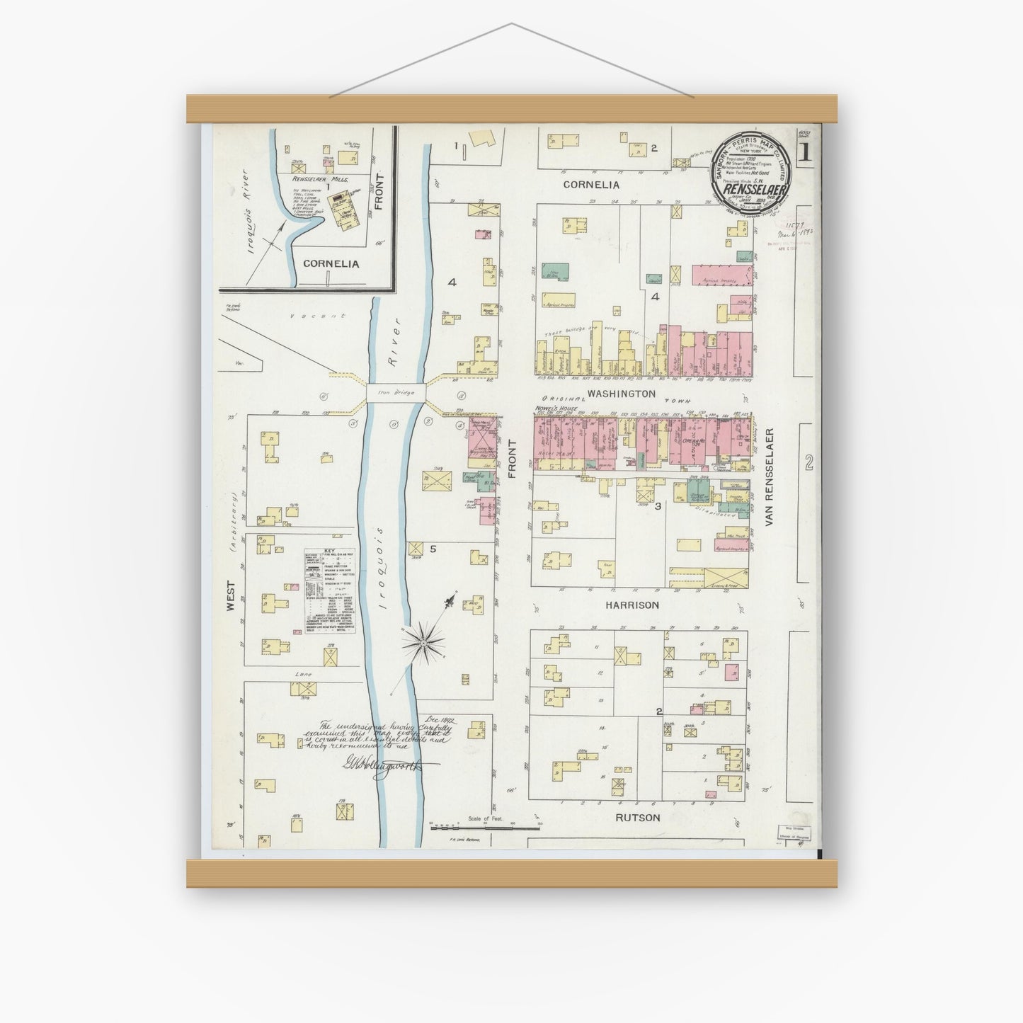 Old map wall art mockup — magnetic wood frame on white wall — Sanborn Fire Insurance Map from Rensselaer, Jasper County, Indiana (1893) - Complete Map Set
