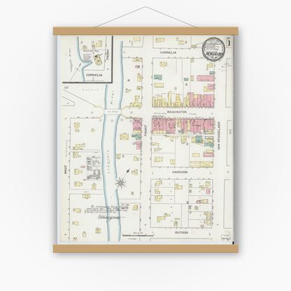 Old map wall art mockup — magnetic wood frame on white wall — Sanborn Fire Insurance Map from Rensselaer, Jasper County, Indiana (1893) - Complete Map Set