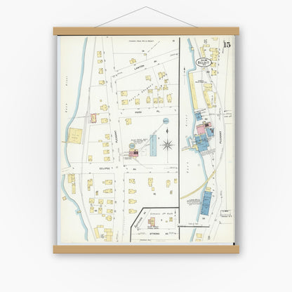Old map wall art mockup — magnetic wood frame on white wall — Sanborn Fire Insurance Map from Beloit, Rock County, Wisconsin (1908), Sheet #0015