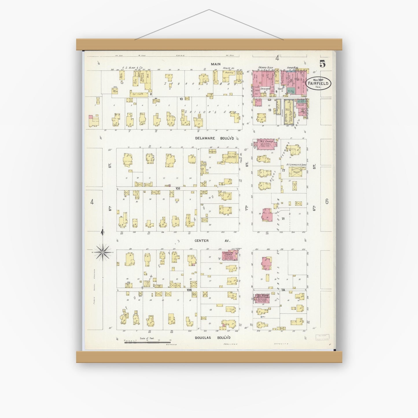 Old map wall art mockup — magnetic wood frame on white wall — Sanborn Fire Insurance Map from Fairfield, Wayne County, Illinois (1907), Sheet #0005