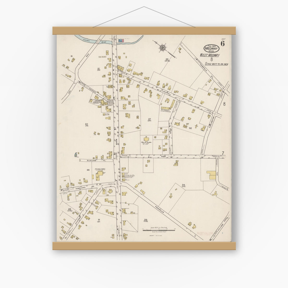 Old map wall art mockup — magnetic wood frame on white wall — Sanborn Fire Insurance Map from Medway, Norfolk County, Massachusetts (1922), Sheet #0006
