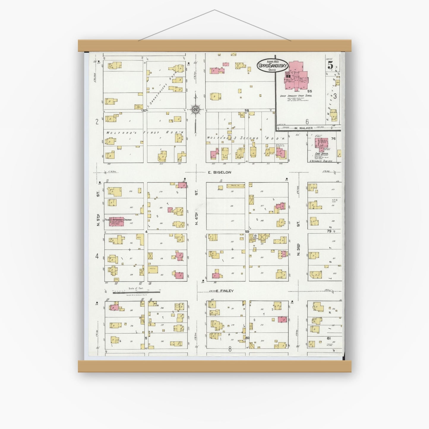 Old map wall art mockup — magnetic wood frame on white wall — Sanborn Fire Insurance Map from Upper Sandusky, Wyandot County, Ohio (1921), Sheet #0005