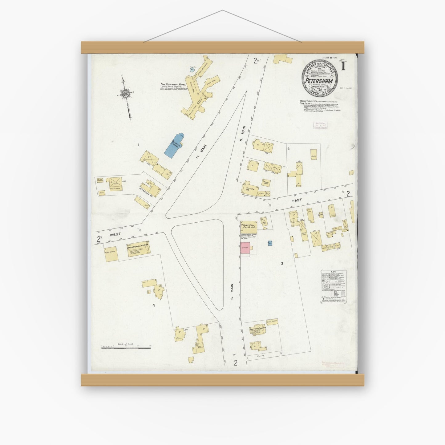 Old map wall art mockup — magnetic wood frame on white wall — Sanborn Fire Insurance Map from Petersham, Worcester County, Massachusetts (1912) - Complete Map Set
