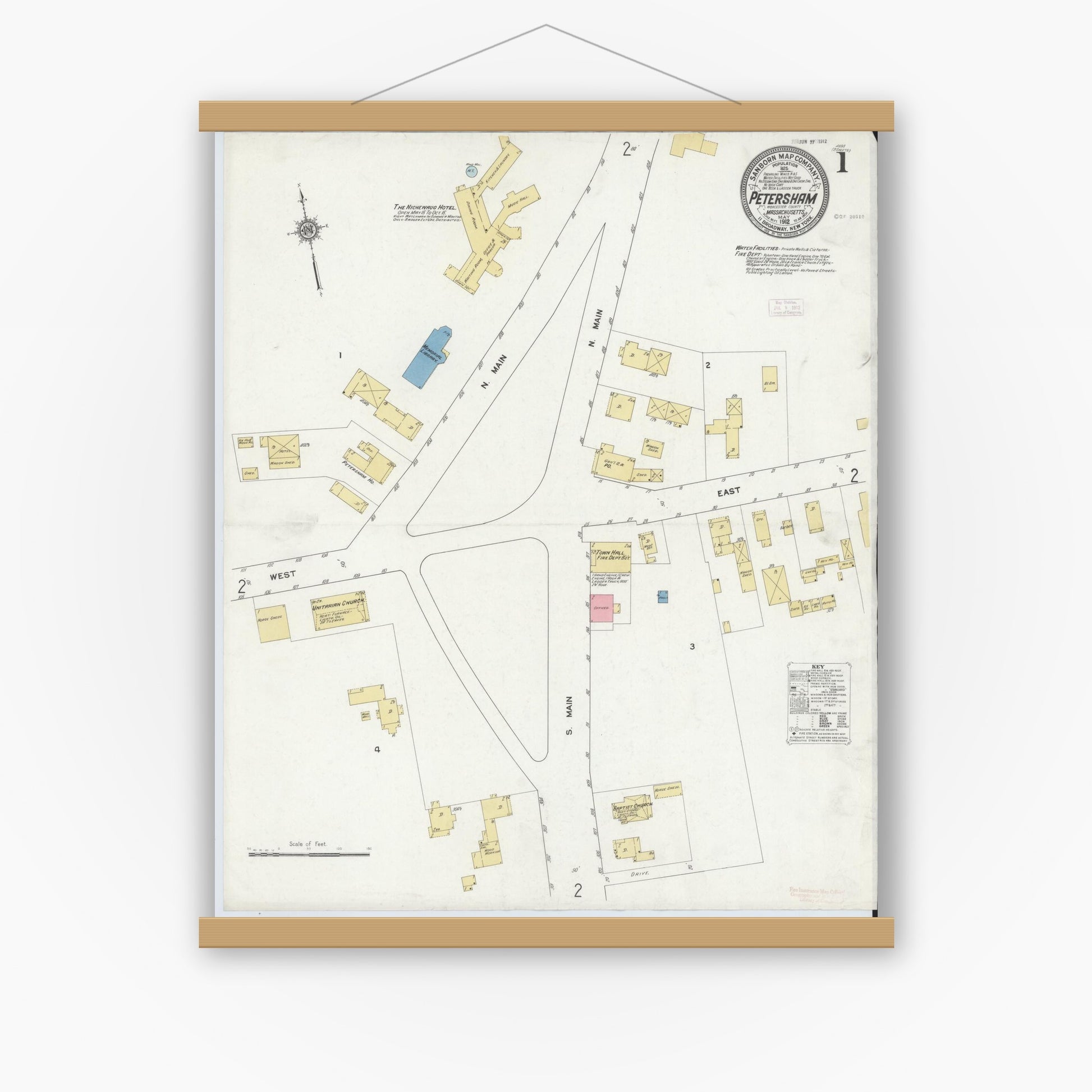 Old map wall art mockup — magnetic wood frame on white wall — Sanborn Fire Insurance Map from Petersham, Worcester County, Massachusetts (1912) - Complete Map Set