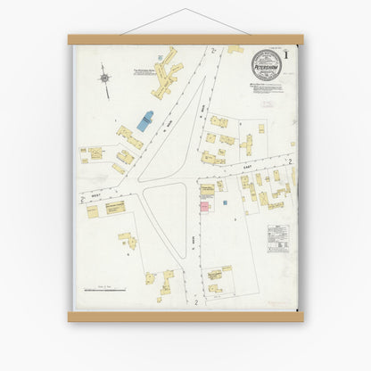 Old map wall art mockup — magnetic wood frame on white wall — Sanborn Fire Insurance Map from Petersham, Worcester County, Massachusetts (1912) - Complete Map Set