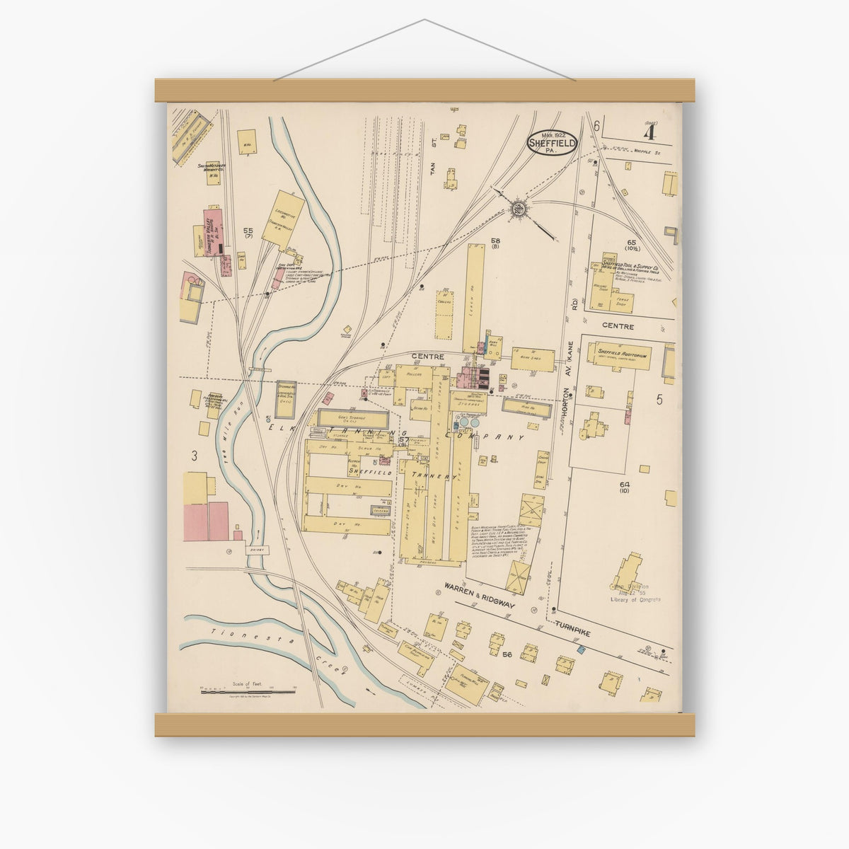 Old map wall art mockup — magnetic wood frame on white wall — Sanborn Fire Insurance Map from Sheffield, Warren County, Pennsylvania (1922), Sheet #0004