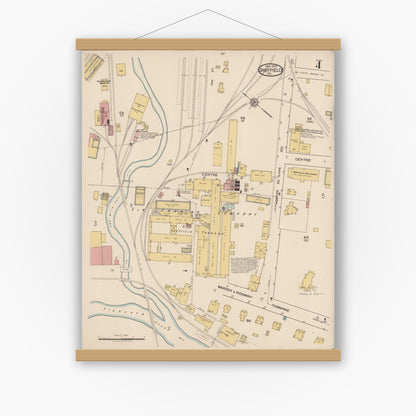 Old map wall art mockup — magnetic wood frame on white wall — Sanborn Fire Insurance Map from Sheffield, Warren County, Pennsylvania (1922), Sheet #0004