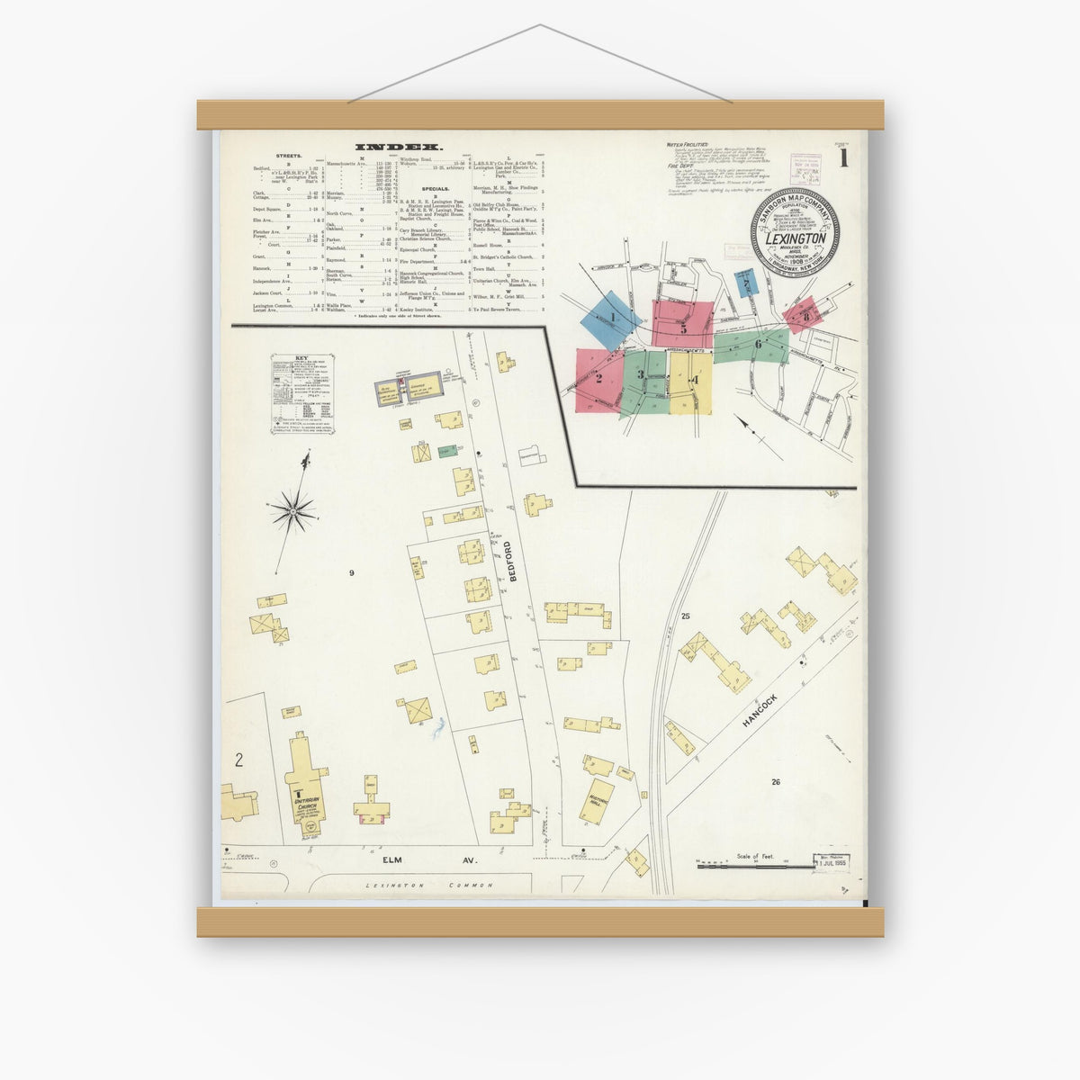 Old map wall art mockup — magnetic wood frame on white wall — Sanborn Fire Insurance Map from Lexington, Middlesex County, Massachusetts (1908) - Complete Map Set