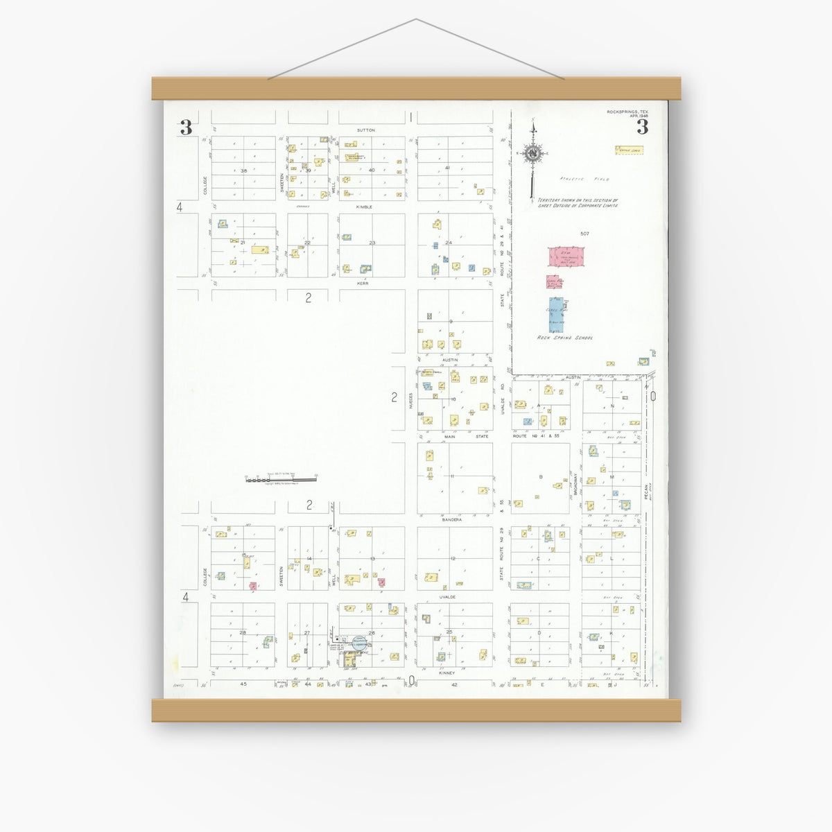 Old map wall art mockup — magnetic wood frame on white wall — Sanborn Fire Insurance Map from Rocksprings, Edwards County, Texas (1948), Sheet #0003