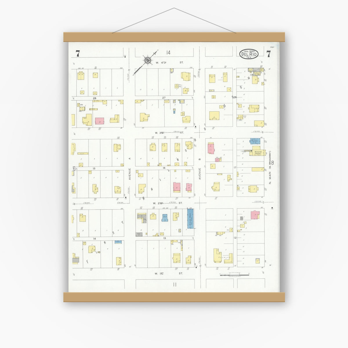 Old map wall art mockup — magnetic wood frame on white wall — Sanborn Fire Insurance Map from Del Rio, Val Verde County, Texas (1930), Sheet #0007