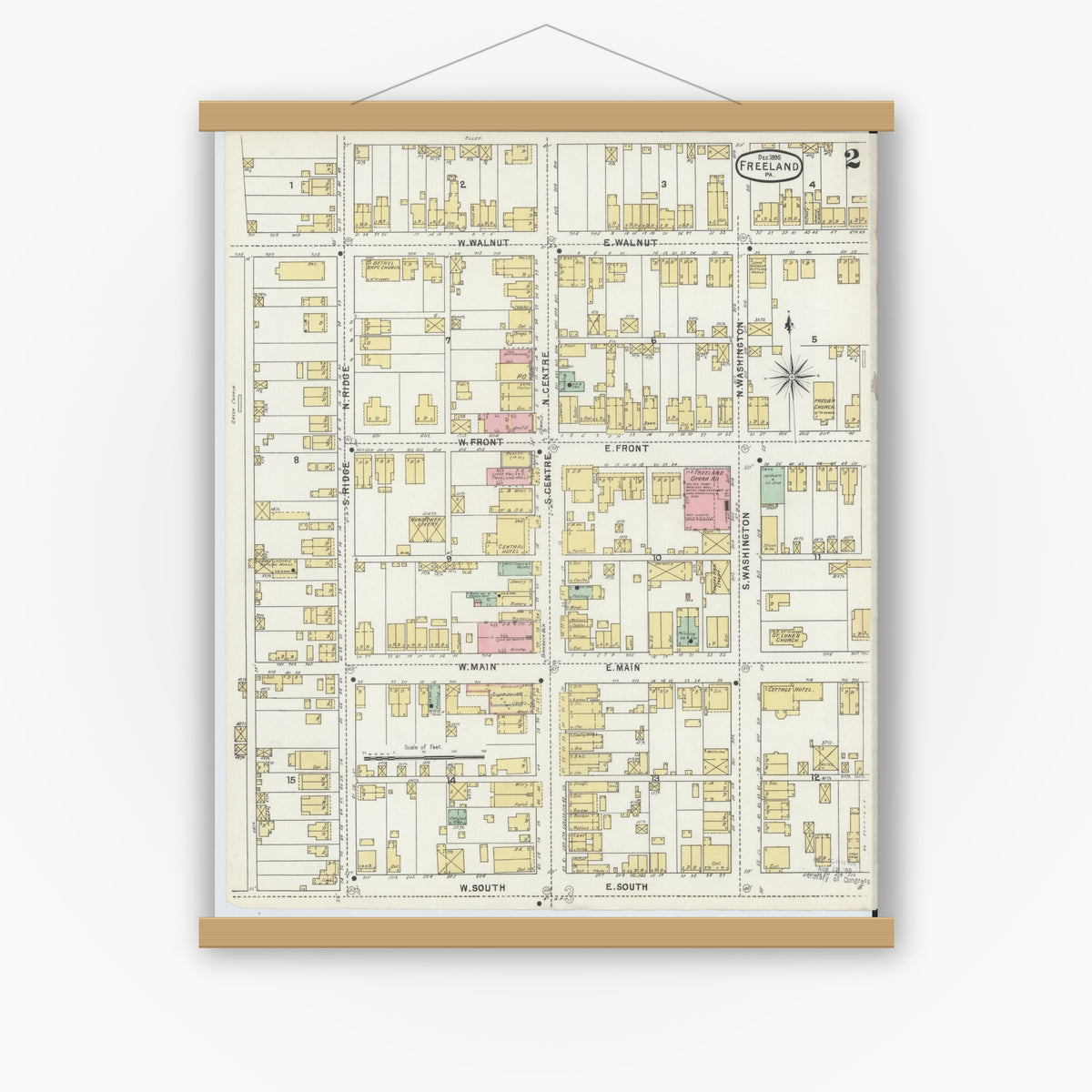 Old map wall art mockup — magnetic wood frame on white wall — Sanborn Fire Insurance Map from Freeland, Luzerne County, Pennsylvania (1895), Sheet #0002