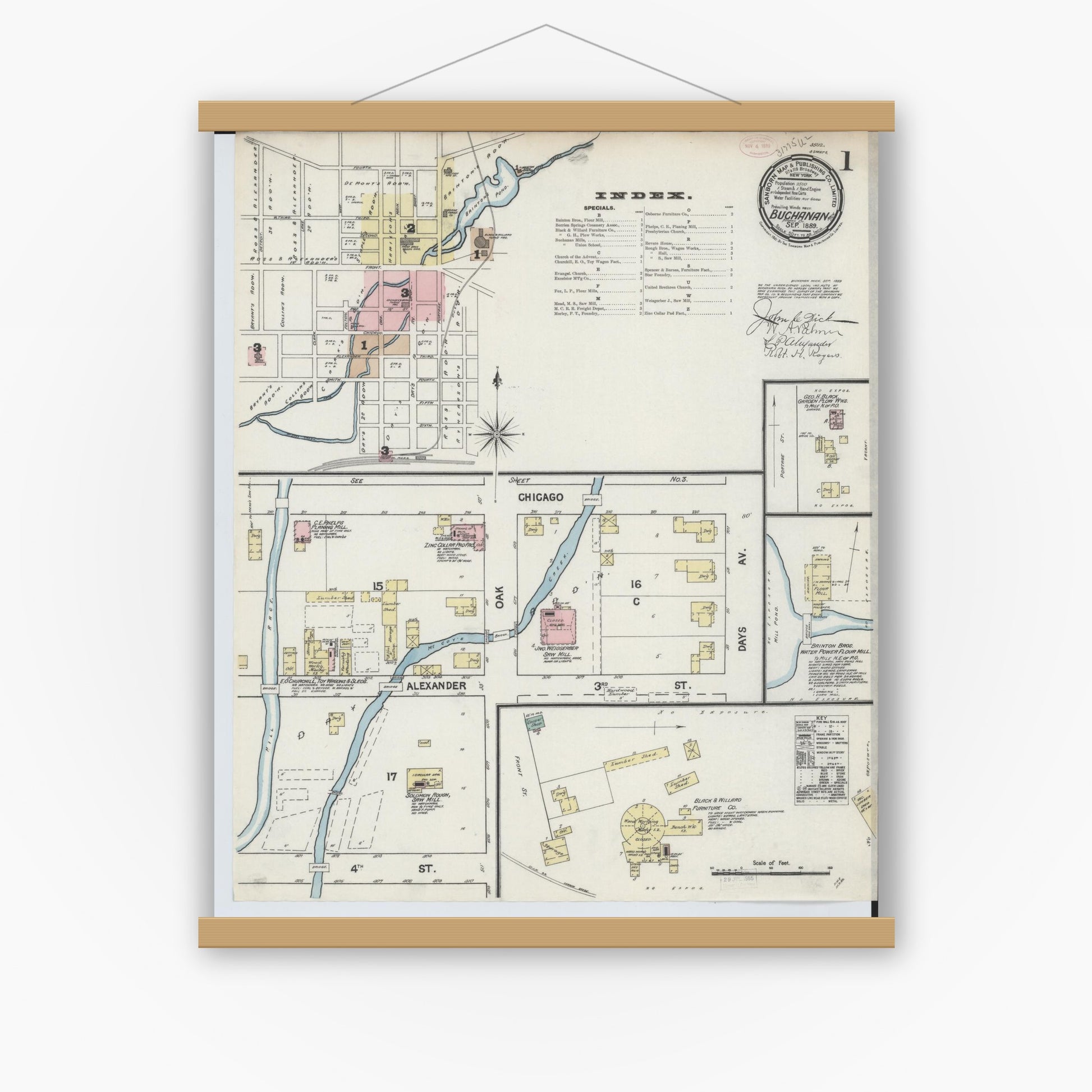 Old map wall art mockup — magnetic wood frame on white wall — Sanborn Fire Insurance Map from Buchanan, Berrien County, Michigan (1889), Sheet #0001