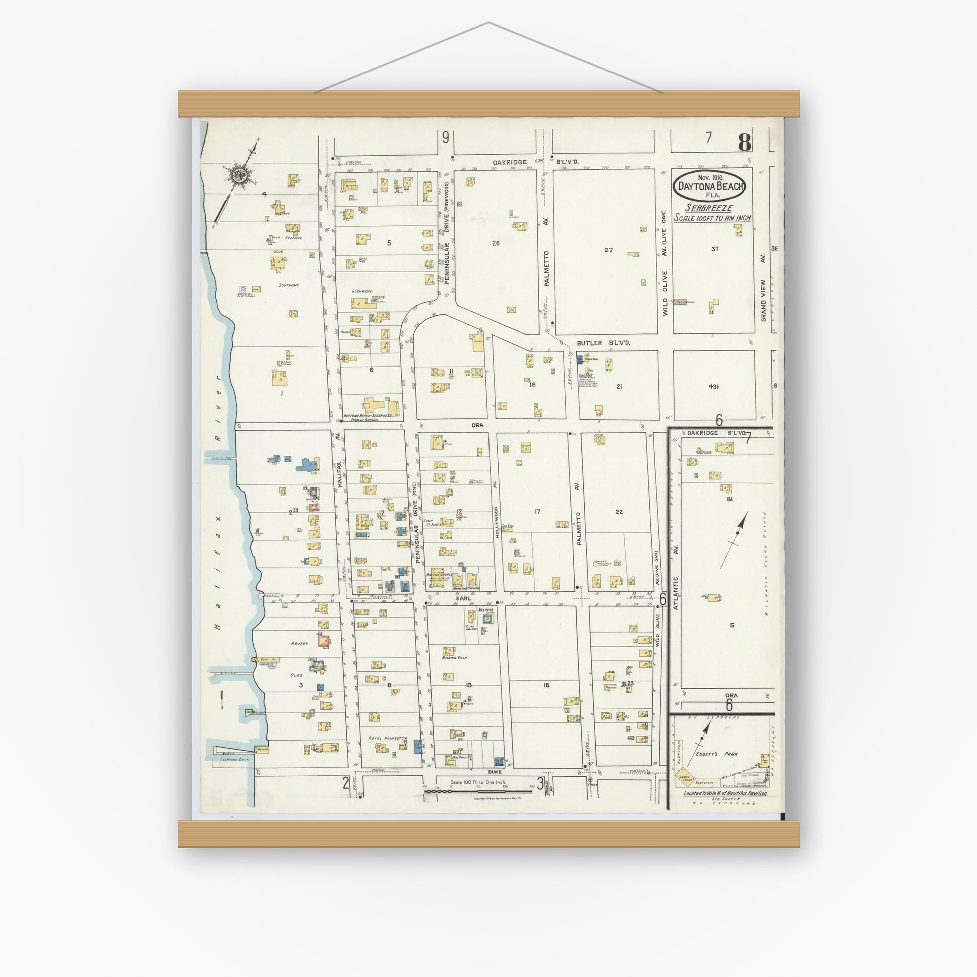 Old map wall art mockup — magnetic wood frame on white wall — Sanborn Fire Insurance Map from Daytona Beach, Volusia County, Florida (1916), Sheet #0008