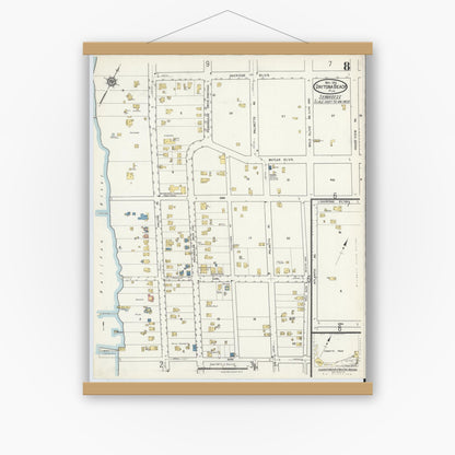 Old map wall art mockup — magnetic wood frame on white wall — Sanborn Fire Insurance Map from Daytona Beach, Volusia County, Florida (1916), Sheet #0008