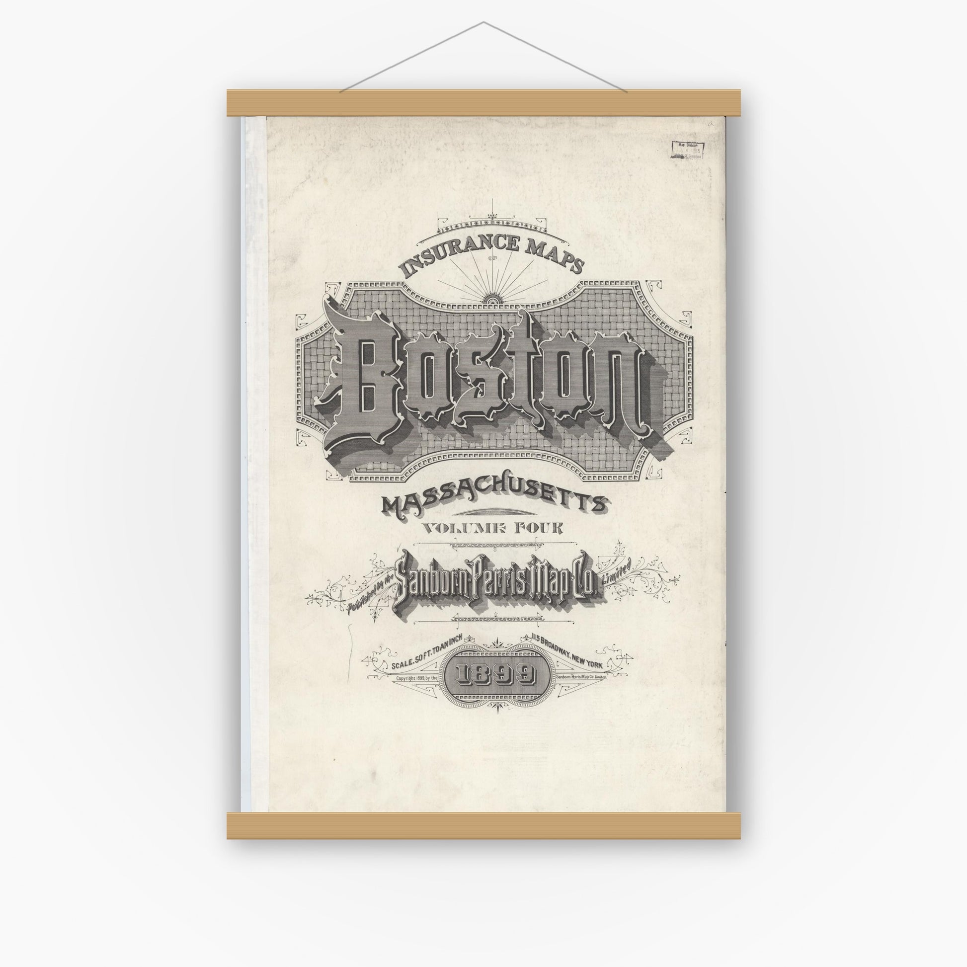 Old map wall art mockup — magnetic wood frame on white wall — Sanborn Fire Insurance Map from Boston, Suffolk County, Massachusetts (1899), Sheet #0001