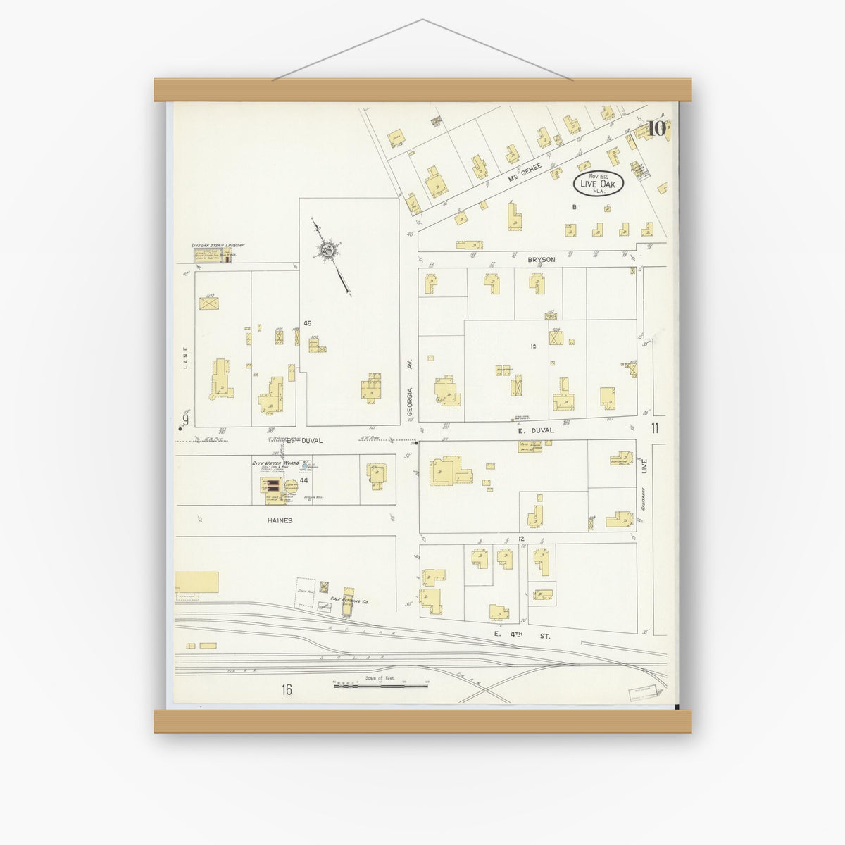 Old map wall art mockup — magnetic wood frame on white wall — Sanborn Fire Insurance Map from Live Oak, Suwanee County, Florida (1912), Sheet #0010