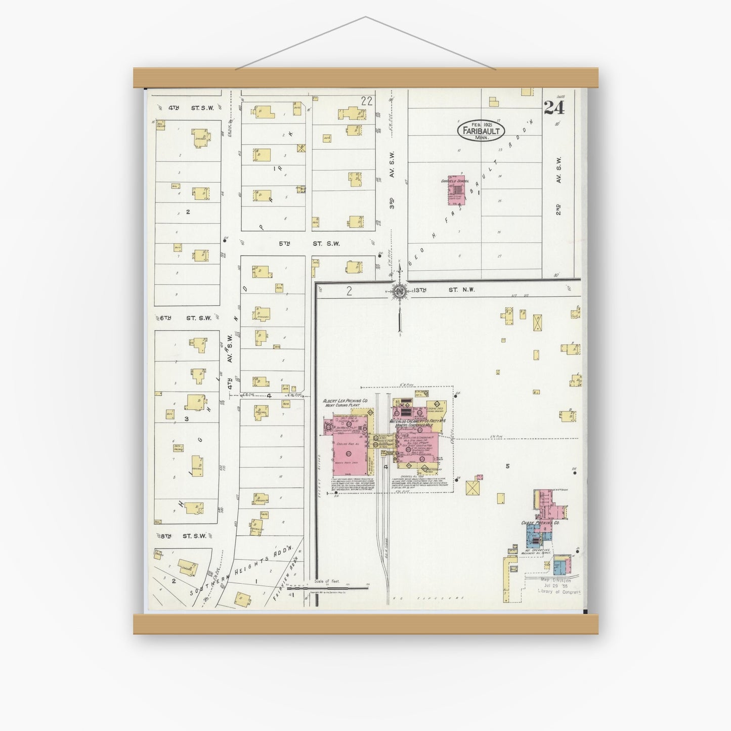 Old map wall art mockup — magnetic wood frame on white wall — Sanborn Fire Insurance Map from Faribault, Rice County, Minnesota (1921), Sheet #0024