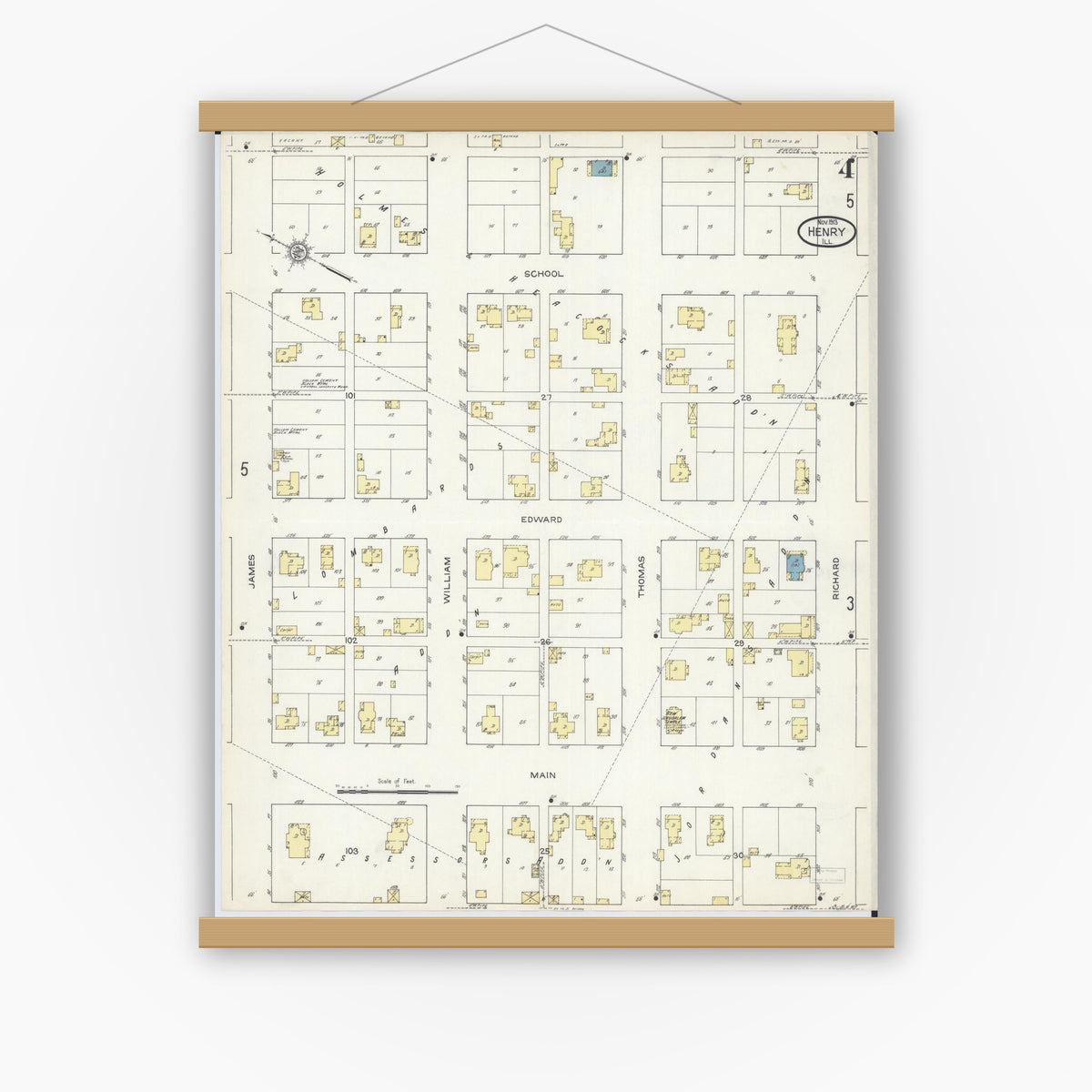 Old map wall art mockup — magnetic wood frame on white wall — Sanborn Fire Insurance Map from Henry, Marshall County, Illinois (1913), Sheet #0004